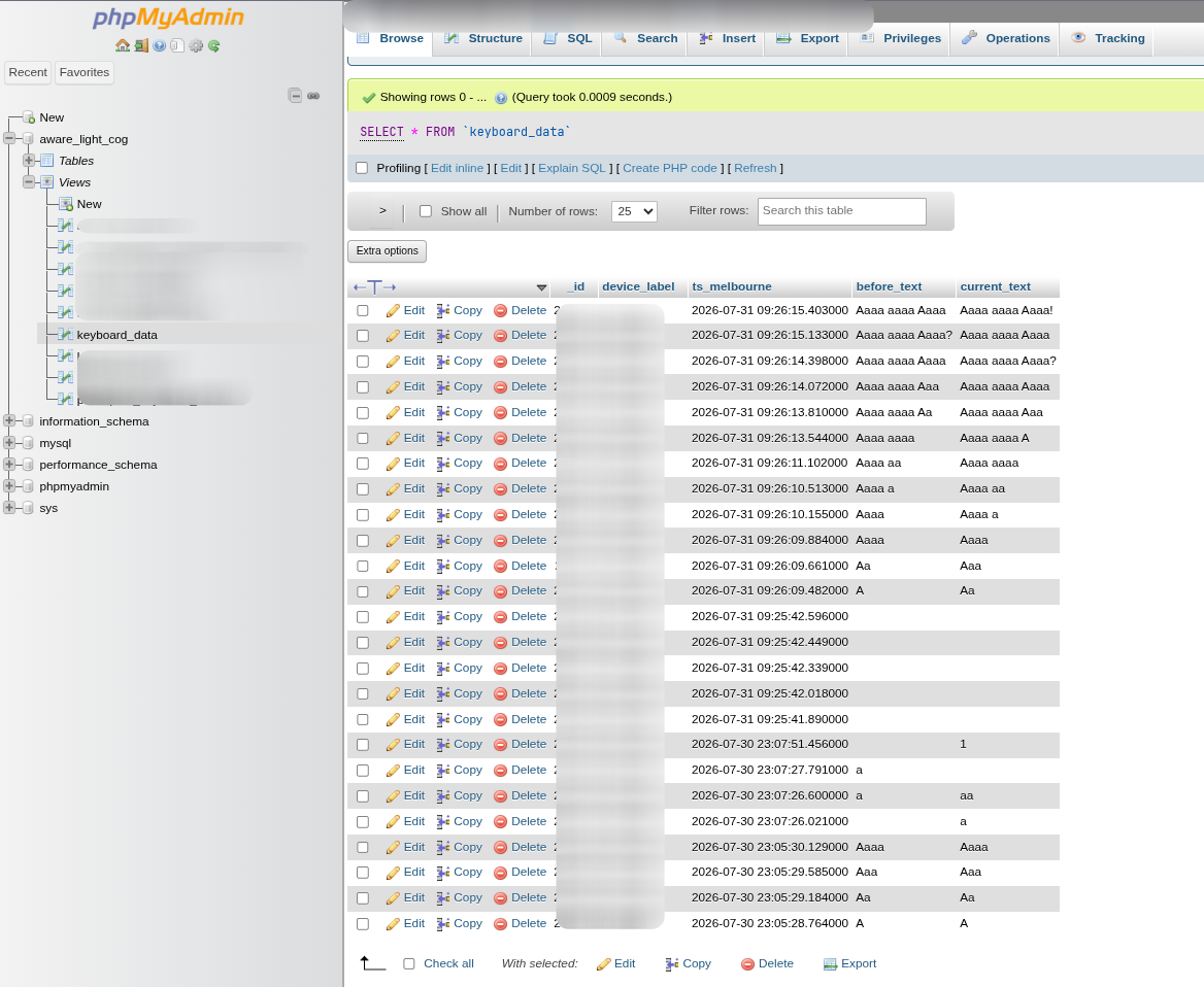 Live research data stored in a MySQL database