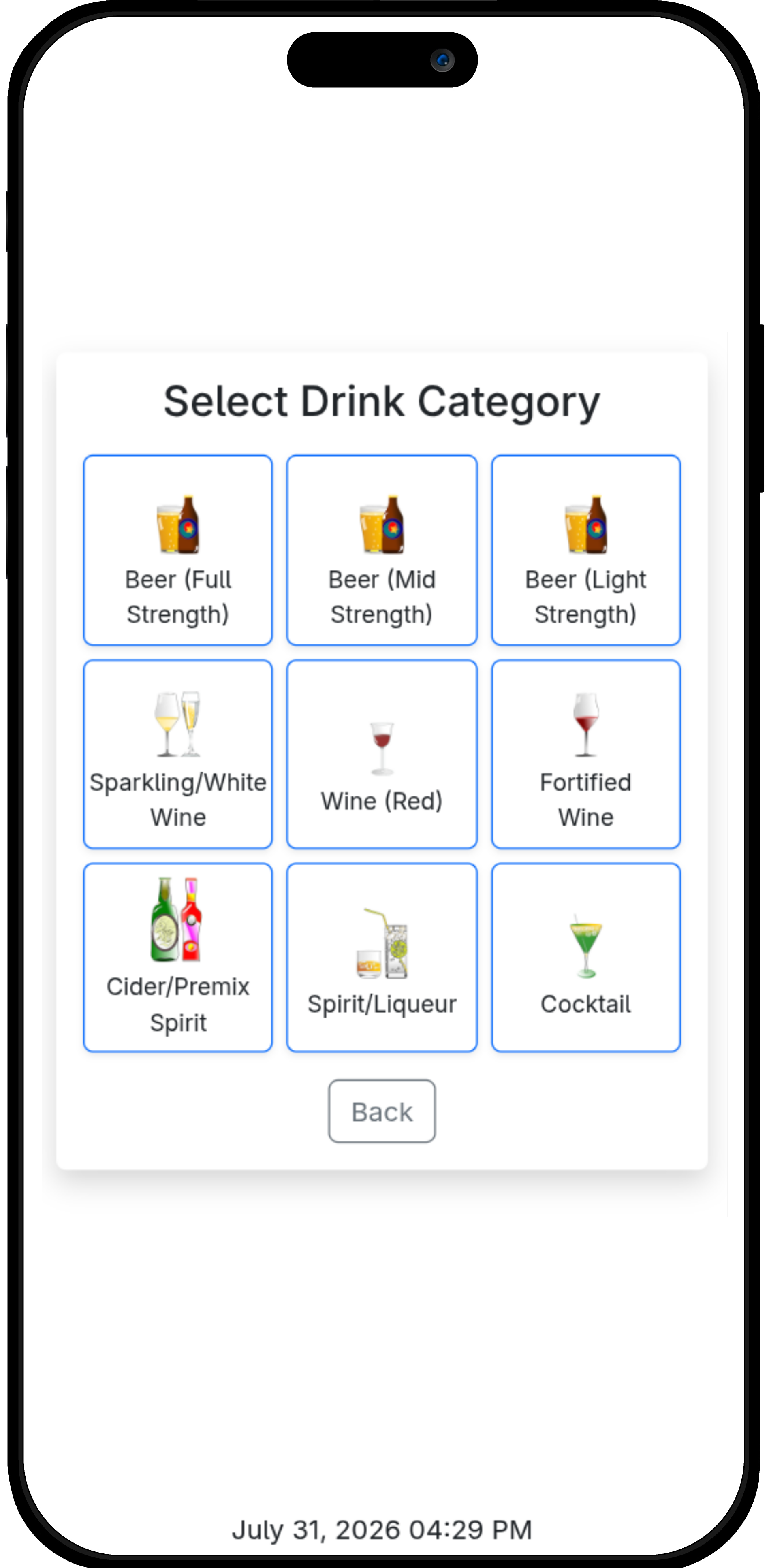 Capture app screen for selecting a drink category